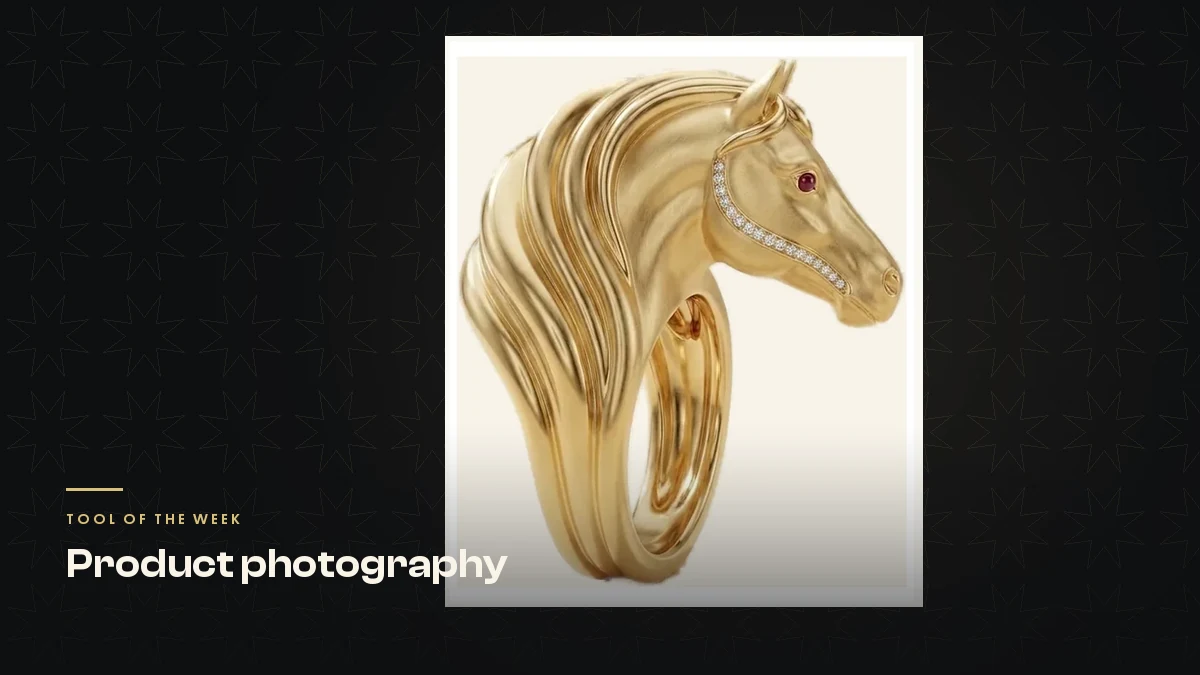 A gold horse-head ring cut cleanly from its studio background, mane intact